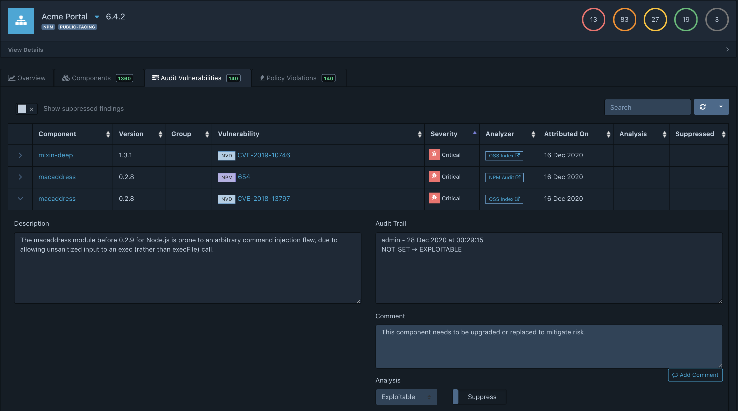 Attachment 3. Preview of a projects Audit Vulnerabilties View